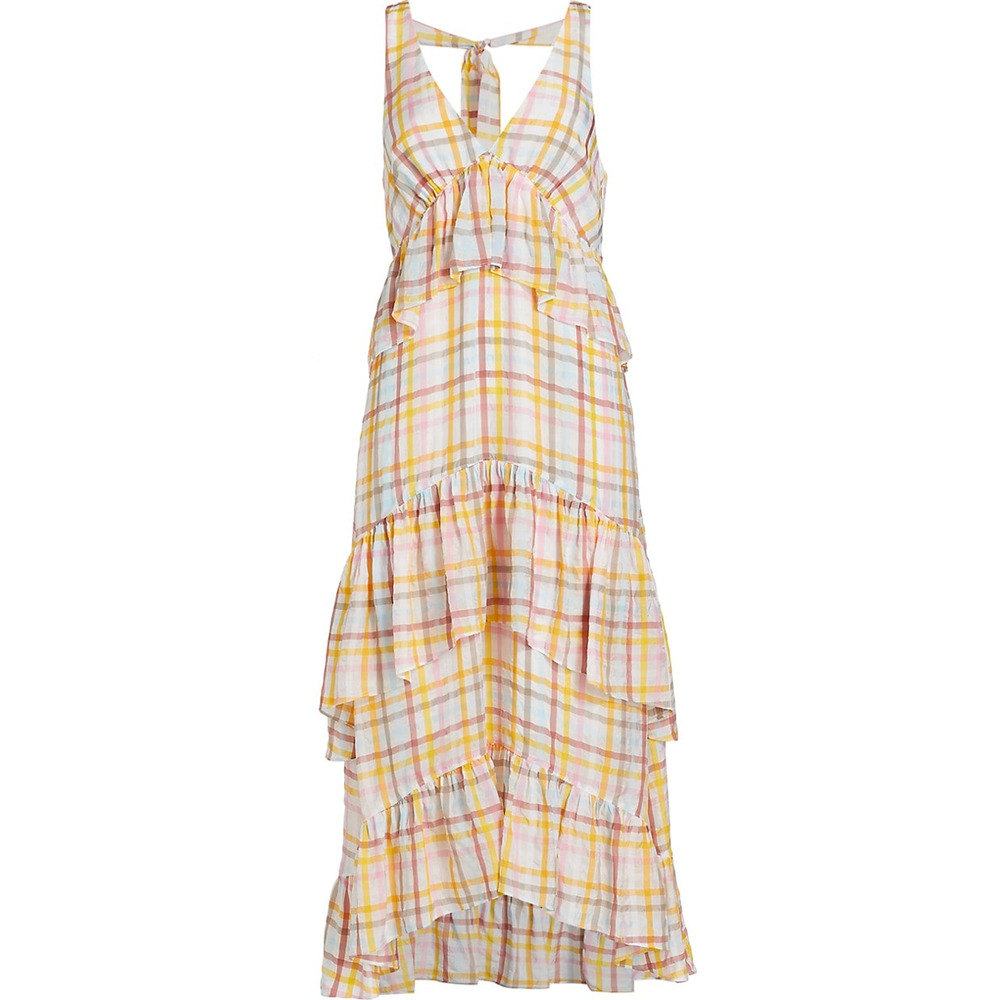 Cinq A Sept Astor Tiered Midi Dress Womens 10 Plaid Sleeveless White Pink Ruffle